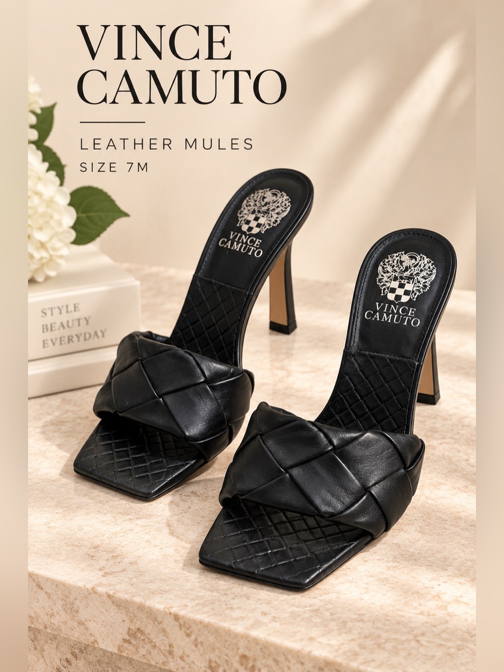 Vince Camuto Black Woven Leather Square Toe Heeled Mules Size 7M